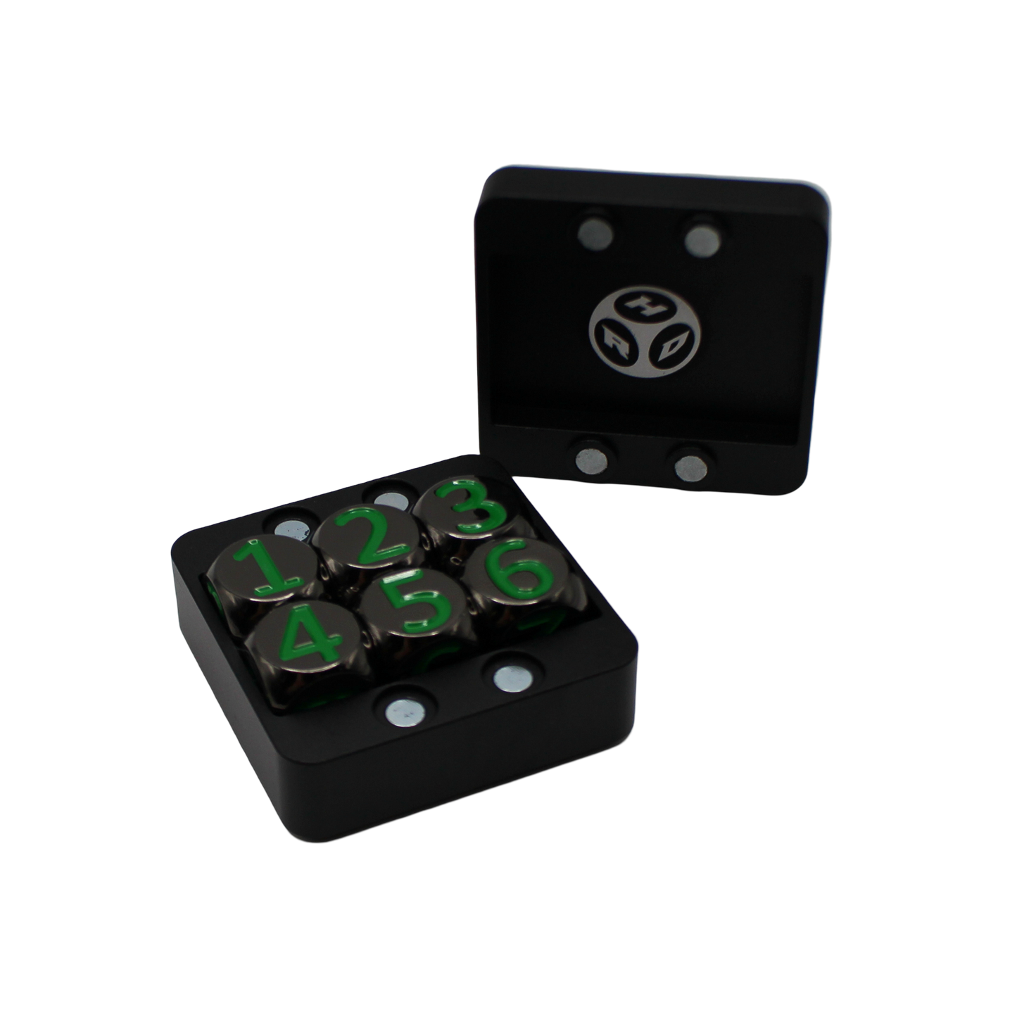 Black w/Green Heavy Rollers D6 Dice Set (6) w/Magnetic Case