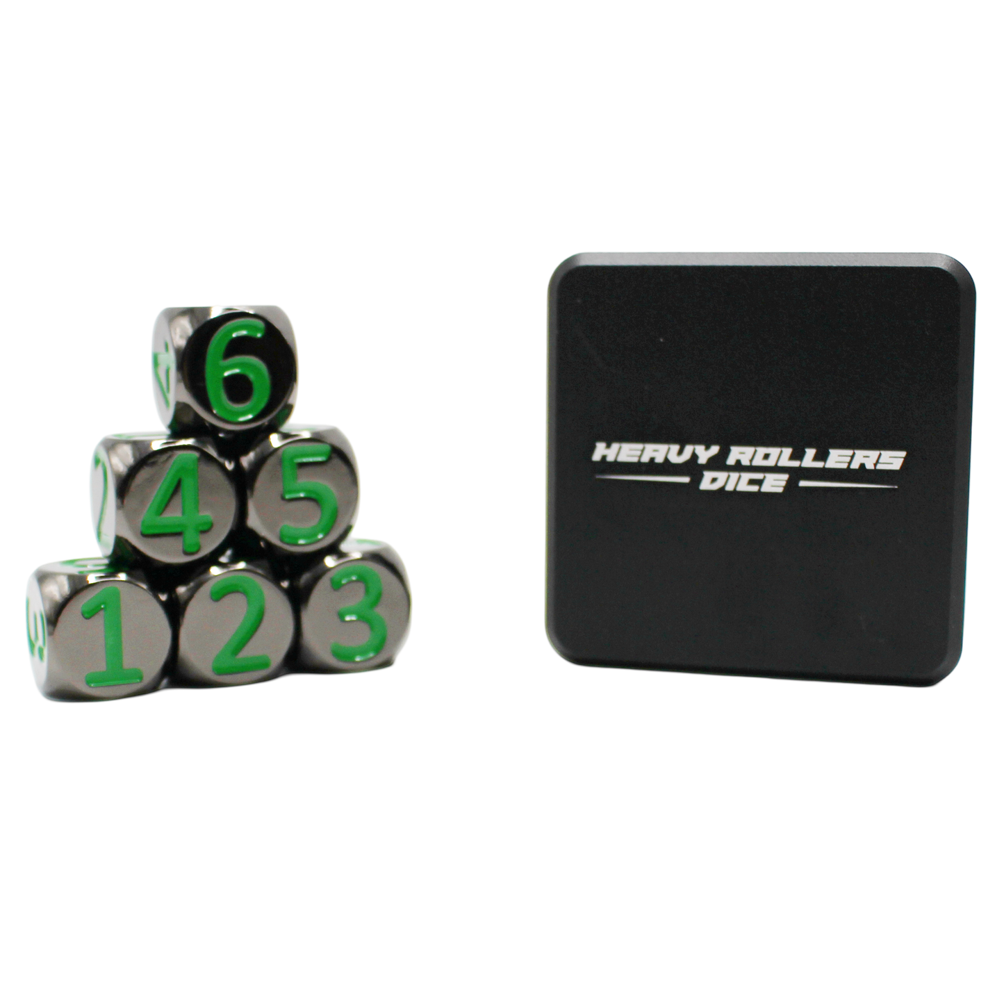 Black w/Green Heavy Rollers D6 Dice Set (6) w/Magnetic Case