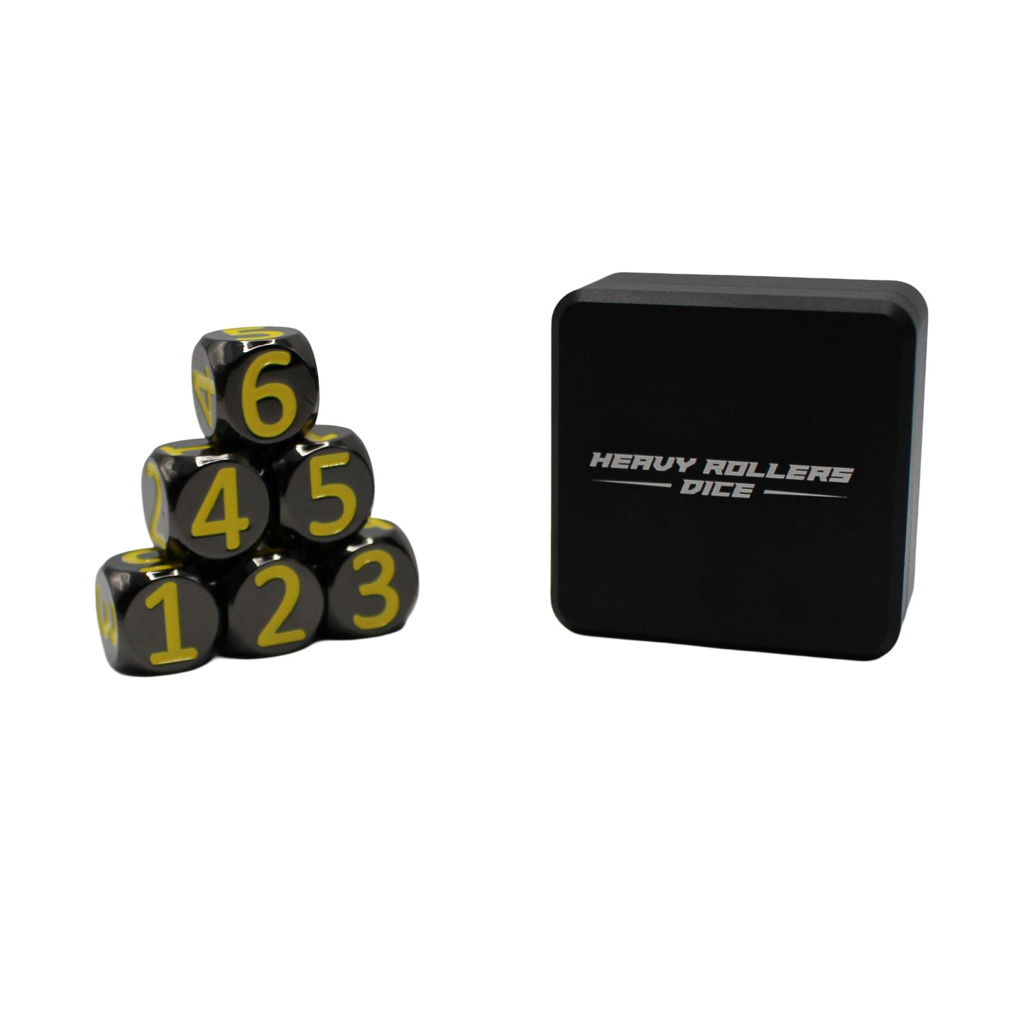 Black w/Yellow Heavy Rollers D6 Dice Set (6) w/Magnetic Case