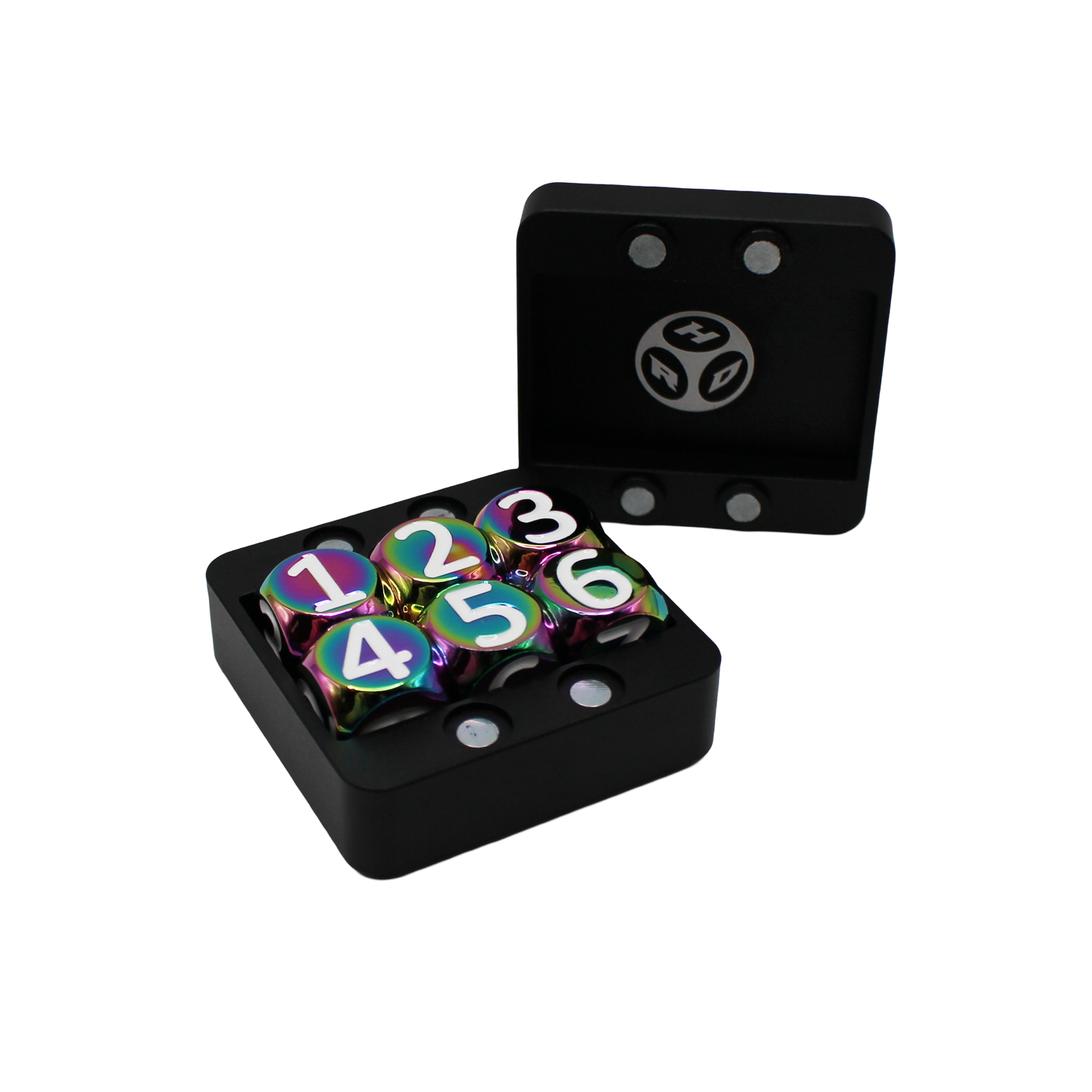 Rainbow w/White Heavy Rollers D6 Dice Set (6) w/Magnetic Case